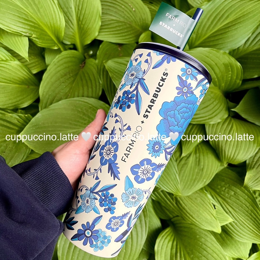NWT🌴Starbucks x Farm Rio ‘Lenco Azulejo’ Blue & White Shades Tropical SS Tumbler - Picture 3 of 9